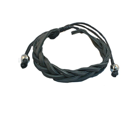 BLACK PLAITED LEATHER WITH SILVER BALLS