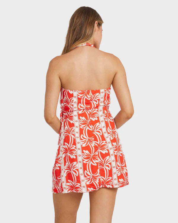 ROW OF PALMS WRAP HALTER DRESS